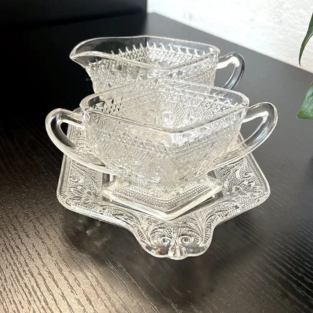 Vintage Mid-Century Pressed Glass Creamer and Open Sugar Bowl Set with Tray
